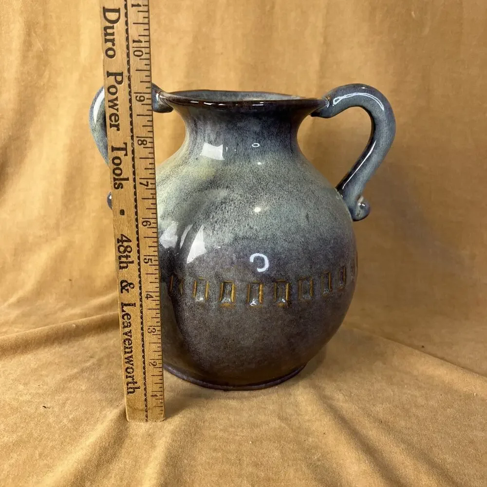 Creative Co-Op Stoneware Vase Two Handles‎ Blue Glaze 9 In
